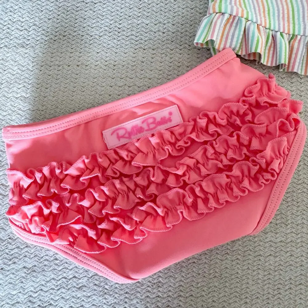 Ruffle Butts Pink Multicolor Striped Ruffle Trim Long Sleeve Rashguard Swimsuit
